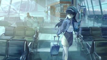 Rule 34 | 1girl, airport, bang dream!, bang dream! it's mygo!!!!!, blue jacket, brown skirt, commentary request, commission, dress shirt, german commentary, hat, highres, jacket, open clothes, open jacket, people, real world location, schiphol airport, second-party source, shiina taki, shirt, skirt, wb yimo, white hat, white shirt