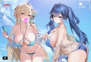 2girls absurdres ahoge alternate_breast_size_(larger) alternate_costume ass ball beachball bikini blonde_hair blowing_bubble_gum blue_bikini blue_eyes blue_hair blue_sky blush breasts cellphone chewing_gum closed_mouth collarbone commentary day earrings hair_between_eyes hido_(cherryhido) highres holding holding_ball holding_beachball holding_phone iuno_(wuthering_waves) jewelry large_breasts long_hair looking_at_viewer looking_to_the_side lynae_(wuthering_waves) multicolored_hair multiple_girls nail_polish navel outdoors phone recording sky smartphone smile star_(symbol) star_earrings stomach streaked_hair swimsuit turning_head twintails untranslatable_commentary v viewfinder wuthering_waves