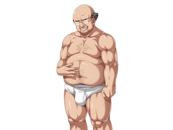 1boy arm_at_side asaoka_genzo balding biceps big_nose black_eyes black_hair briefs bulge chest_hair fat fat_man feet_out_of_frame glasses grin half-closed_eyes hand_on_own_stomach kedamono-tachi_no_sumu_ie_de knees looking_at_viewer male_underwear muscular navel plump simple_background smile smirk solo standing takeda_hiromitsu thick_arms thick_eyebrows thick_lips ugly_bastard underwear underwear_only white_male_underwear