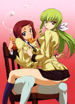 00s 2girls absurdres ashford_academy_school_uniform ass blue_eyes blue_legwear breasts brown_eyes c.c. chair cheese cheese_trail code_geass crotch duplicate eating food grabbing_another&#039;s_breast green_hair groping highres juice_box kneehighs kouzuki_kallen legs long_hair long_legs medium_breasts microskirt milk miniskirt mouth_hold multiple_girls no_panties open_crotch pixel-perfect_duplicate pizza pizza_slice ponytail red_background red_hair school_uniform sexually_suggestive short_hair simple_background sitting sitting_on_lap sitting_on_person skirt socks spread_legs straddling suggestive_fluid tabata_hisayuki thighhighs thighs white_legwear yuri zettai_ryouiki