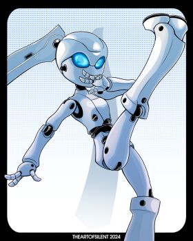1girl android blue_eyes capoeira colored_skin drossel_von_flugel fireball fireball_(series) highres humanoid_robot joints leg_up no_mouth robot robot_girl robot_joints solo theartofsilent twintails white_skin