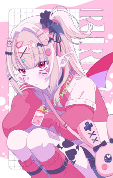 1girl absurdres animal_bag baby_bottle bag bandaid bandaid_on_leg black_bow black_choker black_scrunchie black_skirt blunt_bangs blush bottle bow chain chain_necklace choker closed_mouth colored_inner_hair cross-laced_clothes cross-laced_sleeves demon_wings elbow_rest feet_out_of_frame food-themed_hair_ornament frilled_sleeves frills grey_hair hair_bow hair_intakes hair_ornament hair_over_shoulder hair_scrunchie hairclip hairpin head_rest heart heart_hair_ornament heart_sticker highres hood hoodie jewelry leg_tattoo leg_warmers long_hair long_sleeves makaino_ririmu mashiaro miniskirt multicolored_hair multiple_hairpins necklace nijisanji official_alternate_costume official_alternate_hairstyle one_side_up pink_background pink_bow pink_hair pink_hoodie pink_leg_warmers pleated_skirt pointy_ears rabbit_bag rabbit_hair_ornament red_eyes red_wings scrunchie shoulder_bag sidelocks skirt sleeves_past_wrists solo squatting sticker sticker_on_face strawberry_hair_ornament streaked_hair tattoo text_background triangle_hair_ornament upturned_eyes virtual_youtuber winged_heart winged_heart_tattoo wings x_hair_ornament