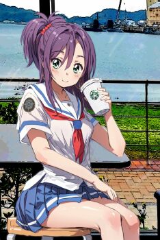 1girl badge blue_skirt commentary_request cup day disposable_coffee_cup disposable_cup green_eyes high_school_fleet highres katsuta_satoko long_hair looking_at_viewer neckerchief outdoors photo_background pleated_skirt purple_hair red_neckerchief sailor_collar school_uniform serafuku shirt short_sleeves sitting skirt solo starbucks table tamura_ten white_sailor_collar white_shirt yokosuka_girls_marine_high_school_uniform