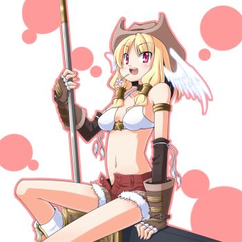 1girl axe bikini bikini_top_only blonde_hair blush boots breasts brown_gloves brown_hat commentary_request feathered_wings feet_out_of_frame fingerless_gloves flower flower_in_mouth fur-trimmed_shorts fur_trim gloves hair_tubes hat head_wings highres hinosita_hikari holding holding_axe looking_at_viewer medium_breasts navel open_fly open_mouth pink_flower ragnarok_online red_eyes red_shorts short_shorts shorts sitting smile solo star_(symbol) swimsuit white_background white_bikini white_boots white_wings whitesmith_(ragnarok_online) wings
