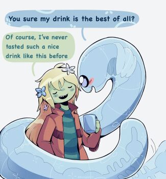 adventure_time adventure_time:_fionna_and_cake ahoge blonde_hair blush closed_eyes cup earthworm fern_(adventure_time) flower highres holding holding_cup karmic_worm phuongdp0376 shirt smile speech_bubble