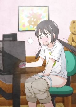 1girl asobi_asobase black_hair blush chair computer highres honda_hanako long_hair masturbation panties pussy_juice underwear