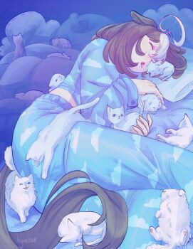 1girl ahoge animal_ears blue_pajamas blue_pants blue_shirt breasts brown_hair cat closed_eyes hair_between_eyes highres horse_ears horse_girl horse_tail hyuebee long_sleeves lying meisho_doto_(umamusume) multicolored_hair on_side open_mouth pajamas pants pillow shirt short_hair sleeping tail two-tone_hair umamusume white_cat white_hair