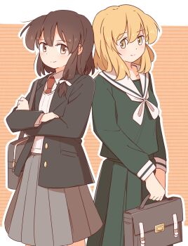 Rule 34 | 2girls, alternate costume, bag, black jacket, blazer, blonde hair, blush, bow, braid, brown eyes, brown hair, buttons, closed mouth, collarbone, collared shirt, commentary request, crossed arms, green shirt, green skirt, grey skirt, hair bow, highres, jacket, long sleeves, looking at another, maribel hearn, medium hair, missing headwear, multiple girls, neckerchief, necktie, orange background, outline, red necktie, sailor collar, school bag, school uniform, serafuku, shirt, single braid, skirt, smile, striped background, touhou, unagi sango, usami renko, vest, white bow, white neckerchief, white outline, white sailor collar, white shirt, white vest, yellow eyes