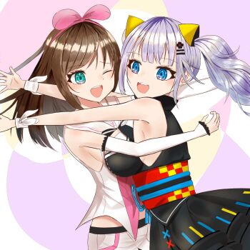 blue_eyes detached_sleeves green_eyes hair_ribbon highres hug kaguya_luna kizuna_ai kizuna_ai_(1st_costume) kizuna_ai_inc. non-web_source ribbon shorts