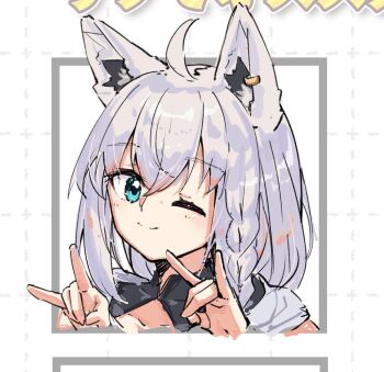 Rule 34 | 1girl, ahoge, animal ears, blue eyes, closed mouth, commentary, fox ears, fox girl, fox shadow puppet, grey hair, hololive, hood, hoodie, long hair, looking at viewer, one eye closed, shirakami fubuki, shirakami fubuki (1st costume), smile, solo, u da desu, virtual youtuber, white hoodie