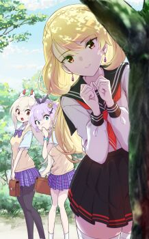 3girls alternate_costume arakan ayanami_(azur_lane) azur_lane bag black_pantyhose black_sailor_collar black_skirt blonde_hair blue_shirt blue_sky bow bowtie braid breasts cloud commentary_request commission covering_own_mouth cowboy_shot cross_hair_ornament crown crown_braid day earrings green_eyes hair_between_eyes hair_ornament hair_ribbon headgear high_ponytail highres holding holding_bag javelin_(azur_lane) javelin_(slow_ahead!)_(azur_lane) jewelry long_hair long_sleeves looking_at_another looking_at_viewer medium_breasts medium_hair mini_crown multiple_girls neckerchief official_alternate_costume open_mouth orange_eyes outdoors pantyhose pixiv_commission plaid_bow plaid_bowtie plaid_clothes plaid_skirt pleated_skirt ponytail prince_of_wales_(azur_lane) purple_bow purple_bowtie purple_hair purple_skirt red_eyes red_neckerchief ribbon sailor_collar school_bag school_uniform serafuku shirt short_sleeves sidelocks skirt sky smile socks standing sweater_vest swept_bangs thighhighs tree white_serafuku white_thighhighs wide_ponytail wristband zettai_ryouiki