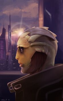 1boy alien bad_id bad_pixiv_id black_sclera city cityscape colored_sclera colored_skin drell green_skin male_focus mass_effect_(series) mass_effect_2 nello profile signature solo sunset thane_krios window