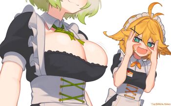 absurdres ahoge apron blonde_hair breast_envy breasts cleavage cross_hair_ornament dokibird embarrassed feather_hair ferret_girl flat_chest green_eyes grey_hair hair_ornament highres indie_virtual_youtuber laimu_(vtuber) large_breasts maid maid_apron maid_headdress name_tag short_hair small_breasts virtual_youtuber white_background yoako