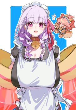 2girls alternate_costume animal_ears anmochi_mochi apron bell black_dress blush braid breasts chibi cleavage collar dress fate/grand_order fate_(series) fox_ears fox_girl fox_tail hair_ribbon highres huge_breasts jingle_bell looking_at_viewer low_twin_braids maid_headdress medium_hair multiple_girls passionlip_(fate) passionlip_(swimsuit_saber)_(first_ascension)_(fate) pink_eyes pink_hair pink_ribbon puffy_short_sleeves puffy_sleeves purple_hair ribbon short_sleeves tail tamamo_cat_(fate) tamamo_cat_(second_ascension)_(fate) twin_braids white_apron