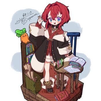 Rule 34 | 1girl, ange katrina, ange katrina (1st costume), ankle boots, black coat, blue eyes, book, book stack, bookshelf, boots, cardigan, coat, cocomi (suppaman), commentary request, dated, deformed, diorama, dress, full body, hair between eyes, hair intakes, hand up, long sleeves, looking at viewer, mandragora (ange katrina), medium hair, multicolored eyes, nijisanji, off shoulder, open book, purple eyes, red cardigan, red hair, scroll, short dress, standing, table, test tube, test tube rack, twitter username, two-tone eyes, virtual youtuber, w, watermark, white dress, wooden table