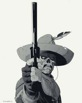 1boy absurdres decomposedtaco dirty_harry fallout fallout:_new_vegas fingerless_gloves ghoul_(fallout) gloves greyscale gun handgun highres holding holding_gun holding_weapon looking_at_viewer male_focus monochrome poster_parody raul_tejada revolver weapon white_background