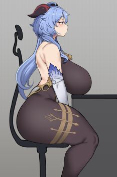 1girl alternate_breast_size_(larger) ass backless_outfit bare_shoulders bell black_bodysuit blue_hair blush bodice bodysuit breast_rest breasts breasts_on_table chair chamchami cowbell curvy detached_sleeves dildo_reveal facing_to_the_side female_masturbation ganyu_(genshin_impact) genshin_impact goat_horns half-closed_eyes highres horns huge_breasts long_hair masturbation office_chair on_chair plump purple_eyes raised_eyebrows sitting solo swivel_chair thick_eyebrows thick_thighs thighs