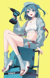Rule 34 | 1girl, absurdres, alternate costume, baseball cap, belt, blue eyes, blue footwear, blue hair, blue hat, blue shorts, blush, box, brand name imitation, breasts, cleavage, commentary request, crop top, feet, fishnet top, fishnets, full body, hair bobbles, hair ornament, hat, highres, holding power drill, jacket, jewelry, kawashiro nitori, key, key necklace, legs, logo parody, long sleeves, looking at viewer, makita (brand), medium bangs, medium hair, midriff, nail polish, navel, necklace, neko-san (dim.dream), open clothes, open jacket, open mouth, power drill, red belt, shirt, shorts, simple background, sitting, small breasts, smile, solo, toeless footwear, toenail polish, toenails, toes, touhou, two side up, white shirt, yellow background
