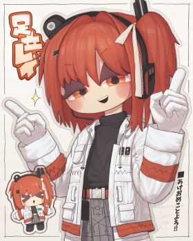 >_< 1girl a.i._voice absurdres adachi_rei black_shirt chibi chibi_inset commentary_request gloves hands_up headset highres index_fingers_raised jacket kakureonu looking_at_viewer multiple_views open_clothes open_jacket open_mouth orange_eyes orange_hair shirt smile upper_body utau white_gloves white_jacket