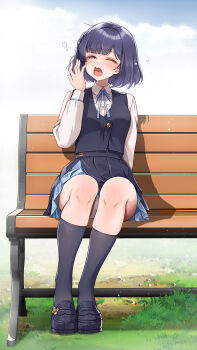 Rule 34 | 1girl, ;o, bench, black hair, black overskirt, black shoes, black skirt, black socks, black vest, blue eyes, blue ribbon, blue skirt, blue sky, blush, cloud, commentary request, day., gakuen idolmaster, grass, hataya misuzu, highres, idolmaster, kneehighs, layered skirt, long sleeves, looking at viewer, mk (mod0), mole, mole under mouth, neck ribbon, on bench, one eye closed, open mouth, outdoors, panties, pantyshot, pleated skirt, ribbon, shirt, shoes, short hair, sitting, skirt, sky, sleepy, socks, solo, squeans, thighs, underwear, vest, white panties, white shirt, yawning