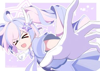 &gt;_&lt; 1girl :d absurdres alice_picaro blue_archive bow bowtie clenched_hand commentary_request dress drill_hair foreshortening gloves hair_ornament halo highres incoming_attack incoming_punch magical_girl meme multicolored_hair official_alternate_costume open_mouth pepe_punch_(meme) pink_hair punching purple_bow purple_bowtie purple_dress purple_hair purple_halo reisa_(blue_archive) reisa_(magical)_(blue_archive) short_sleeves smile solo spread_fingers star_(symbol) star_hair_ornament star_halo twin_drills two-tone_hair white_gloves wing_hair_ornament xd