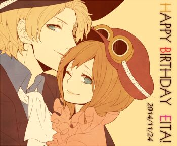 1boy 1girl ascot blonde_hair blue_eyes blue_shirt coat collared_shirt commentary_request dated frilled_shirt frills happy_birthday hat koala_(one_piece) komomo1214 looking_at_viewer one_eye_closed one_piece pink_shirt sabo_(one_piece) scar scar_on_face shirt short_hair white_ascot