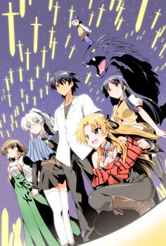 10s 1boy 5girls :d athena_(campione!) campione! erica_blandelli highres kusanagi_godou liliana_kranjcar mariya_yuri multiple_girls open_mouth seishuuin_ena serpent smile sword thighhighs weapon yuto_(dialique)