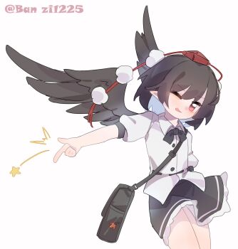 Rule 34 | 1girl, :p, absurdres, bag, bird wings, black bag, black bow, black bowtie, black hair, black skirt, black wings, bow, bowtie, collared shirt, commentary, feathered wings, frilled skirt, frills, gumingdi ban, hat, highres, looking at viewer, one eye closed, pointy ears, pom pom (clothes), puffy short sleeves, puffy sleeves, red eyes, red hat, shameimaru aya, shirt, short sleeves, shoulder bag, simple background, skirt, solo, star (symbol), tokin hat, tongue, tongue out, touhou, twitter username, white background, white shirt, wings