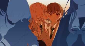 5girls :&lt; bang_dream! bang_dream!_it&#039;s_mygo!!!!! blush carrying carrying_person closed_eyes commentary diagonal-striped_clothes diagonal-striped_necktie hanasakigawa_school_uniform haneoka_school_uniform highres kaname_raana kawa0suki kiss kissing_cheek limited_palette long_hair looking_at_another multiple_girls mygo!!!!!_(bang_dream!) nagasaki_soyo necktie school_uniform shiina_taki short_hair striped_clothes takamatsu_tomori tsukinomori_school_uniform yuri