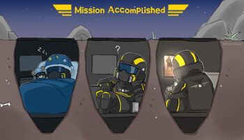 3boys ? artist_name bed bone bulletproof_vest cape chibi commentary controller english_commentary english_text game_controller game_screenshot_inset grass hat helldiver_(helldivers) helldivers_(series) hellpod_(helldivers) helmet highres monitor multiple_boys night nightcap playing_games playing_video_games rock screenshot_inset seaf_soldier_(helldivers) skull sky sleeping sorjanna star_(sky) stuffed_animal stuffed_toy teddy_bear thread underground waiting zzz