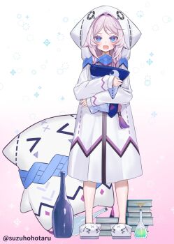 1girl alternate_costume blue_eyes blush book book_stack braid citlali_(genshin_impact) citlalin_(genshin_impact) commentary_request full_body genshin_impact gradient_background highres holding itzpapa_(genshin_impact) long_hair looking_at_viewer onesie open_mouth pink_background pink_hair pink_pupils solo standing suzuho_hotaru twin_braids very_long_hair white_background