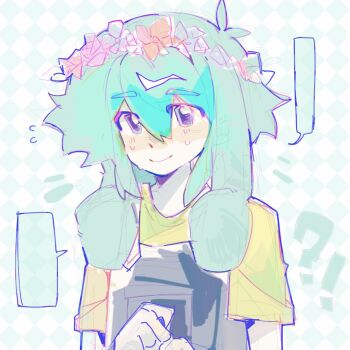 !? 1boy animal_ears antenna_hair basil_(headspace)_(omori) basil_(omori) blank_speech_bubble blue_overalls closed_mouth colored_skin double-parted_bangs flower flower_wreath green_eyes green_hair green_shirt hair_between_eyes hashtag-only_commentary head_wreath highres kemonomimi_mode looking_at_viewer male_focus omori overalls rabbit_boy rabbit_ears shirt short_hair short_sleeves sketch smile solo speech_bubble sweat t-shirt upper_body white_skin xiangmian_fumin