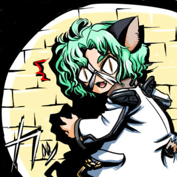 Rule 34 | 1girl, :3, ^^^, ahoge, animal ears, bandaged head, bandages, brick wall, brown eyes, cannonball ~neko neko machine mou-race!~, cat ears, cat girl, caught, coat, commentary request, cowboy shot, fang, green hair, higgs, high contrast, long sleeves, looking at viewer, looking back, lowres, open mouth, shadow, short hair, slit pupils, smile, solo, spotlight, uchuu ika, wavy hair, white coat