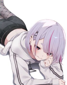 Rule 34 | 1girl, belt, black pantyhose, black shorts, blush, closed mouth, commentary request, ear piercing, earrings, grey hoodie, hair tie, hanazome uta, highres, hood, hoodie, jewelry, long sleeves, looking at viewer, lying, multicolored hair, on stomach, pantyhose, piercing, pink eyes, pink hair, purple hair, shorts, solo, streaked hair, thick eyebrows, tosaki mimi, tosaki mimi (3rd costume), two-tone hair, virtual youtuber, vspo!, white background