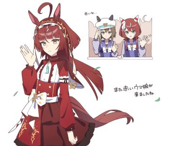 3girls ahoge animal_ears auklet5580 blue_eyes blush breasts brown_hair cheval_grand_(umamusume) commentary_request green_eyes hair_between_eyes hair_ornament hat highres looking_at_viewer multiple_girls open_mouth red_desire_(umamusume) school_uniform small_breasts smile tracen_school_uniform translation_request umamusume waving win_variation_(umamusume)