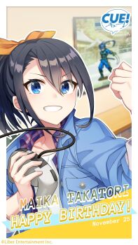 1girl black_hair blue_eyes blue_jacket blurry blurry_background bow breasts character_name checkered_clothes checkered_shirt clenched_hand collared_shirt controller cue! dated english_text game_controller game_screenshot_inset hair_between_eyes hair_bow hand_up happy_birthday highres holding holding_controller holding_game_controller jacket long_sleeves looking_at_viewer official_art open_mouth pixel_art ponytail shirako_miso shirt short_hair sleeves_rolled_up smile solo takatori_maika teeth upper_body v-shaped_eyebrows white_shirt