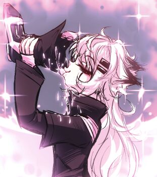 1girl animal_ears arknights black_jacket black_shoes closed_eyes commentary drinking english_commentary from_side hair_ornament hairclip holding holding_shoes holding_unworn_clothes jacket lappland_(arknights) long_hair long_sleeves profile shoes solo sparkle suggestive_fluid tofusquisha turtleneck unworn_shoes upper_body what white_hair wolf_ears wolf_girl
