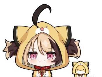 1girl ahoge blonde_hair blush brown_hair genzinn_96 gigi_murin grem_(gigi_murin) highres hololive hololive_english hood looking_at_viewer multicolored_hair pink_eyes short_hair smile twintails two-tone_hair virtual_youtuber white_background