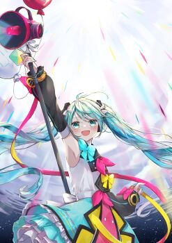 1girl absurdres ahoge aqua_bow aqua_bowtie aqua_eyes aqua_hair aqua_nails arm_up armpit_focus armpits balloon blush bow bowtie commentary_request detached_sleeves hair_between_eyes hair_ornament hatsune_miku highres holding holding_megaphone hoop_skirt long_hair long_sleeves magical_mirai_(vocaloid) magical_mirai_miku magical_mirai_miku_(2018) megaphone nagitofuu open_mouth pink_bow pink_bowtie presenting_armpit shirt skirt sleeveless sleeveless_shirt smile solo twintails very_long_hair vocaloid white_shirt yellow_skirt