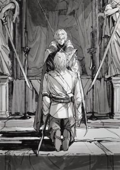 2boys boots cape closed_eyes closed_mouth collared_cape commentary dimitri_alexandre_blaiddyd dimitri_alexandre_blaiddyd_(timeskip) english_commentary fire_emblem fire_emblem:_three_houses greyscale hair_between_eyes highres holding holding_sword holding_weapon kneeling long_sleeves male_byleth_(awakened)_(fire_emblem) male_byleth_(enlightened_one)_(fire_emblem) male_byleth_(fire_emblem) male_focus medium_hair monochrome multiple_boys mystical_high_collar nintendo pants parted_bangs pillar short_hair sketch statue sword tiara tunic unfinished urotozm weapon