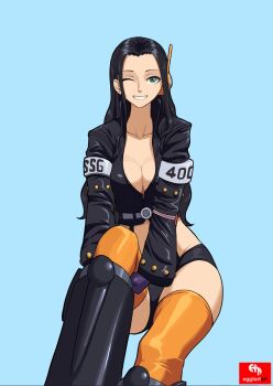 1girl 2025 black_boots black_hair black_jacket black_panties blue_background boots breasts cleavage commentary cropped_jacket egg_tart_art english_commentary gloves headphones high_collar highres jacket leather leather_jacket long_hair nico_robin nico_robin_(egghead) official_alternate_costume one_eye_closed one_piece orange_thighhighs panties purple_gloves radio_antenna simple_background sitting smile solo thighhighs underwear