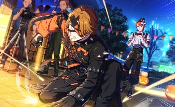 Rule 34 | 4boys, billy wise, black gloves, black pants, brown eyes, brown hair, eyepatch, faceless, faceless male, facial hair, frills, game cg, gloves, goatee, happy elements, hat, helios rising heroes, highres, jay kidman, long sleeves, male focus, mini hat, multiple boys, night, non-web source, official art, on one knee, orange hair, pants, shirt, spikes, teeth, top hat, white shirt