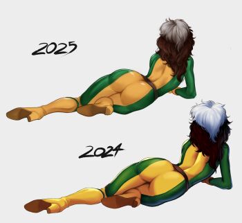 Rule 34 | absurdres, artist progress, ass, comparison, highres, marvel, mortificent, pinup (style), rogue (x-men), spandex, superhero costume, white hair, x-men