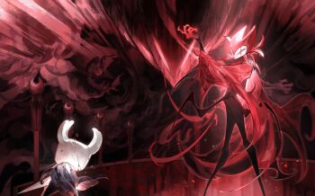 1boy 1other battle blank_eyes blue_cloak bug cape claws cloak crack cracked_mask darkdog grimm_(hollow_knight) highres holding holding_weapon hollow_knight horned_mask horns knight_(hollow_knight) mask nail_(hollow_knight) nightmare_king_grimm_(hollow_knight) red_cape red_eyes weapon white_mask