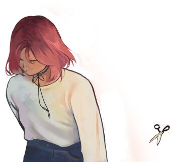 1girl angela_he bleeding blood cowboy_shot denim denim_shorts freckles head_down missed_messages neck_ribbon non-web_source official_art pink_hair ribbon scissors self-harm shirt_tucked_in short_hair shorts sleeves_rolled_up solo sweater walking white_sweater