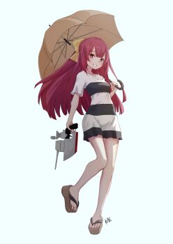 Rule 34 | 1girl, adapted turret, alternate costume, bow, breasts, cannon, full body, hair bow, highres, holding, holding umbrella, kamikaze (kancolle), kantai collection, long hair, neve (morris-minicooper), old-fashioned swimsuit, one-piece swimsuit, purple eyes, purple hair, sandals, short sleeves, small breasts, solo, standing, striped clothes, striped one-piece swimsuit, swimsuit, umbrella, very long hair, yellow bow, yellow umbrella