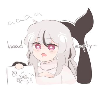 1girl artist_self-insert black_hair blush_stickers cetacean_tail chonkyorca cleavage_cutout clothing_cutout commentary cropped_torso english_commentary english_text fins fish_tail grey_hair hand_up heart_cutout highres holding long_hair low_twintails multicolored_hair orca_(chonkyorca) original purple_eyes simple_background solo streaked_hair sweater tail turtleneck turtleneck_sweater twintails upper_body white_background white_sweater