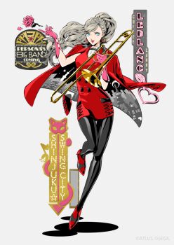 Rule 34 | 1girl, :d, black bow, black bowtie, black pantyhose, blonde hair, blue eyes, bow, bowtie, building print, coat, coat on shoulders, collared shirt, copyright notice, cross-laced clothes, cross-laced dress, dress, earrings, flower, full body, gloves, hands up, heart, high heels, holding, holding instrument, holding trombone, instrument, jewelry, leg up, lipstick, long hair, makeup, musical note, neon sign, official alternate costume, official art, open mouth, pantyhose, pencil dress, persona, persona 5, pink flower, pink gloves, pink lips, pink rose, ponytail, print coat, red coat, red dress, red shoes, rose, saitou rokuro, second-party source, shirt, shoes, short dress, simple background, smile, solo, standing, standing on one leg, takamaki anne, traditional bowtie, trombone, white background, wing collar