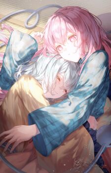 2girls absurdres batory_ken blue_shirt closed_eyes commentary_request eyeball frilled_sleeves frills green_hair hata_no_kokoro heart heart_of_string highres hug komeiji_koishi lying multiple_girls pink_eyes pink_hair plaid_clothes plaid_shirt shirt smile third_eye touhou wide_sleeves yellow_shirt yuri