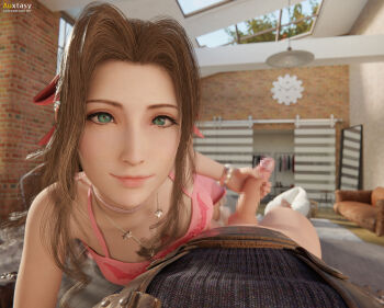 1boy 1girl 3d aerith_gainsborough auxtasy bare_legs barefoot bed bed_sheet bedroom belt blue_shirt bow bracelet breasts brick_wall brown_hair censored choker cleavage clothes_rack cloud_strife couch dress final_fantasy final_fantasy_vii final_fantasy_vii_remake green_eyes hair_bow hair_ribbon handjob hetero highres jewelry long_hair medium_breasts necklace penis pink_dress pink_ribbon pixelated ponytail pov ribbon shirt square_enix suspenders wall_market wavy_hair window